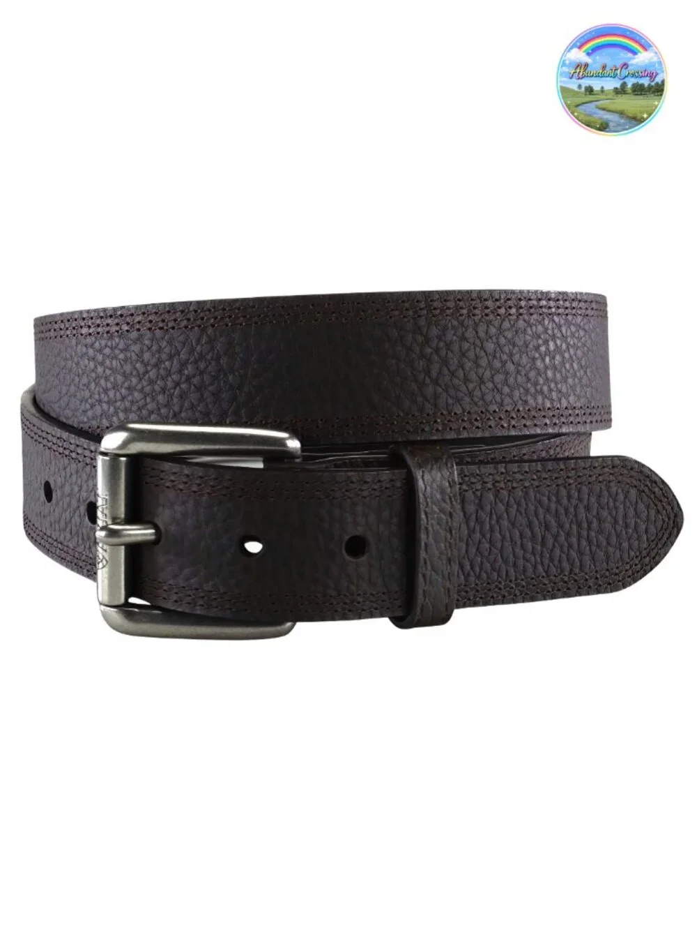 Men's Genuine Leather Western Belt Triple Row Stitch Roller Buckle